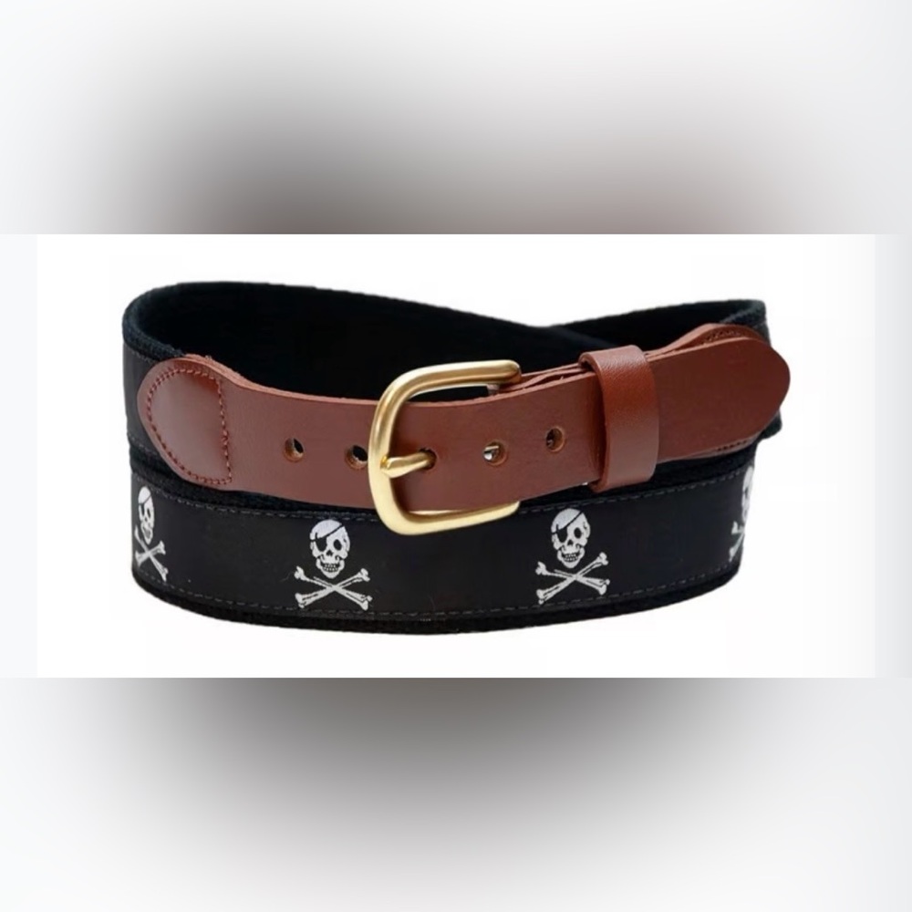 Leather Man Ltd Black Pirate Bones & Skulls Belt, Men's Size 42. Brass Buckle